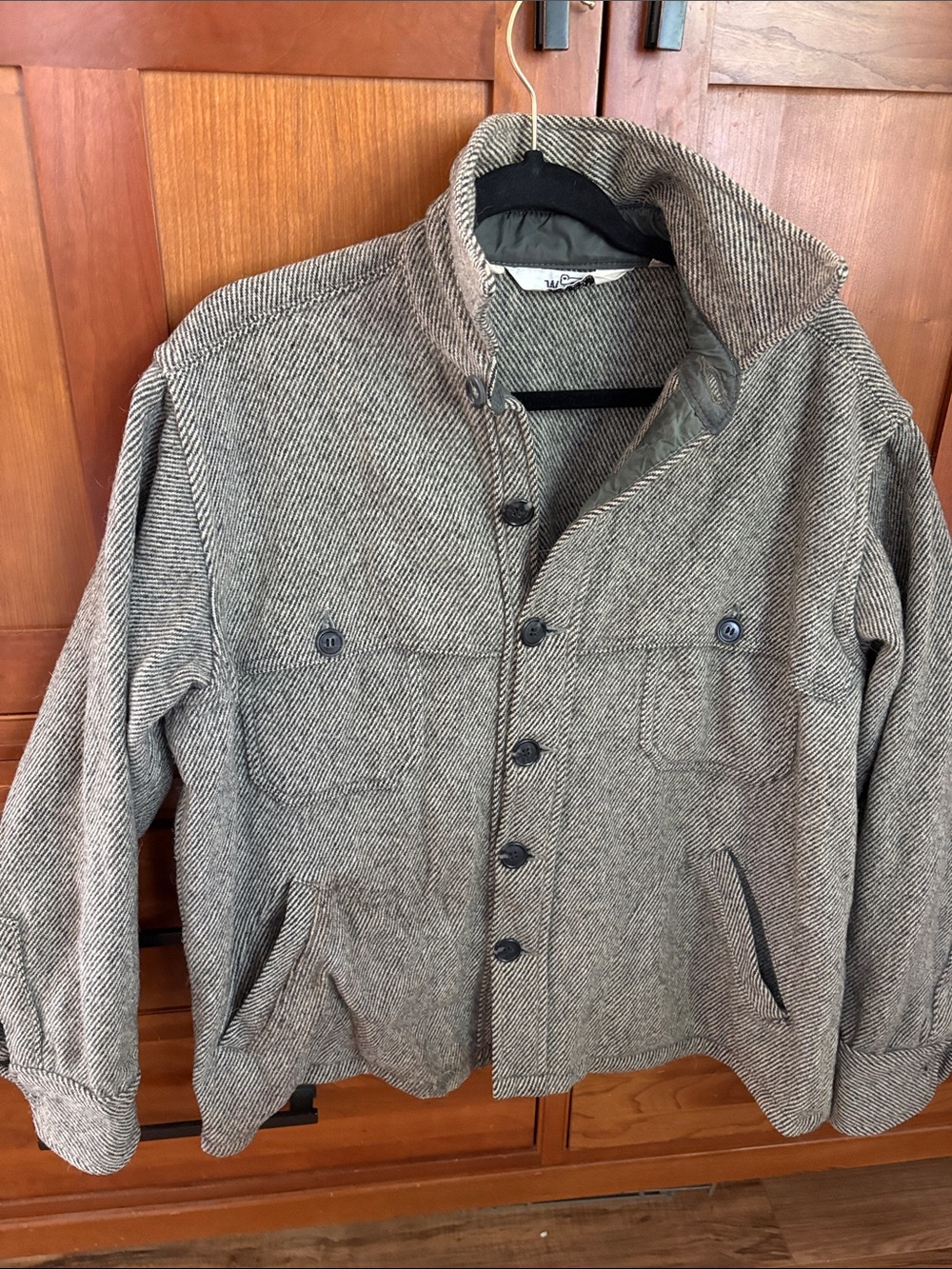 Woolrich Gray Herringbone Military Field Jacket Halibut Jacket" or "Stag Shirt